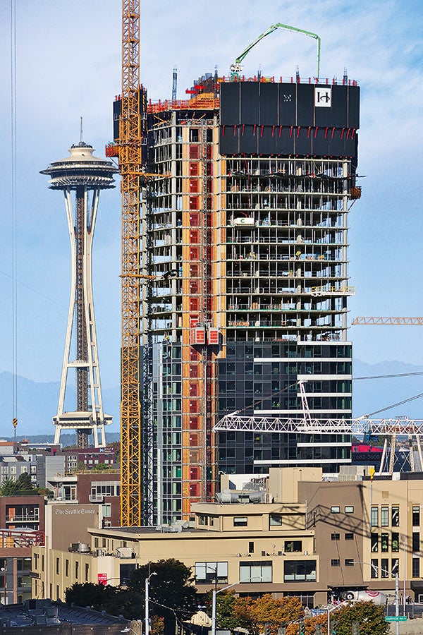 The new 40-story high-rise going up at 970 Denny Way in Seattle’s South Lake Union neighborhood will be the first skyscraper in the area and one of the few high-rises outside the downtown area. (Photo courtesy of Flickr user, SounderBruce)