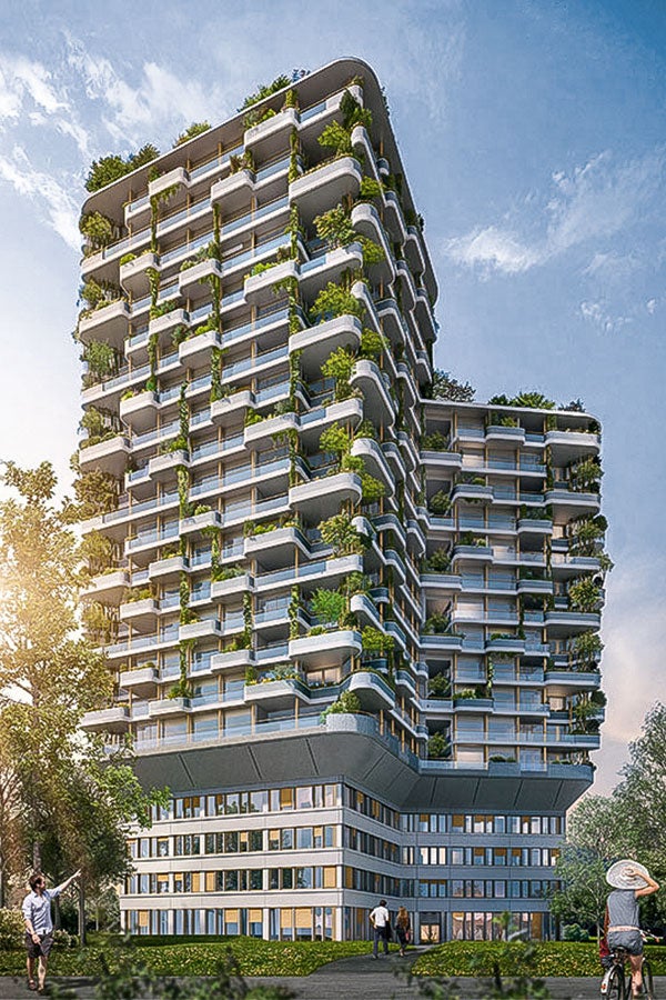 The main difficulties in this project lay in finding a formwork and scaffolding solution for the funnel-shaped cantilever on the 5th floor and the differently arranged cantilevered balconies which projected outwards up to 4 m. <br/>(Rendering: Raumgleiter)<br/>