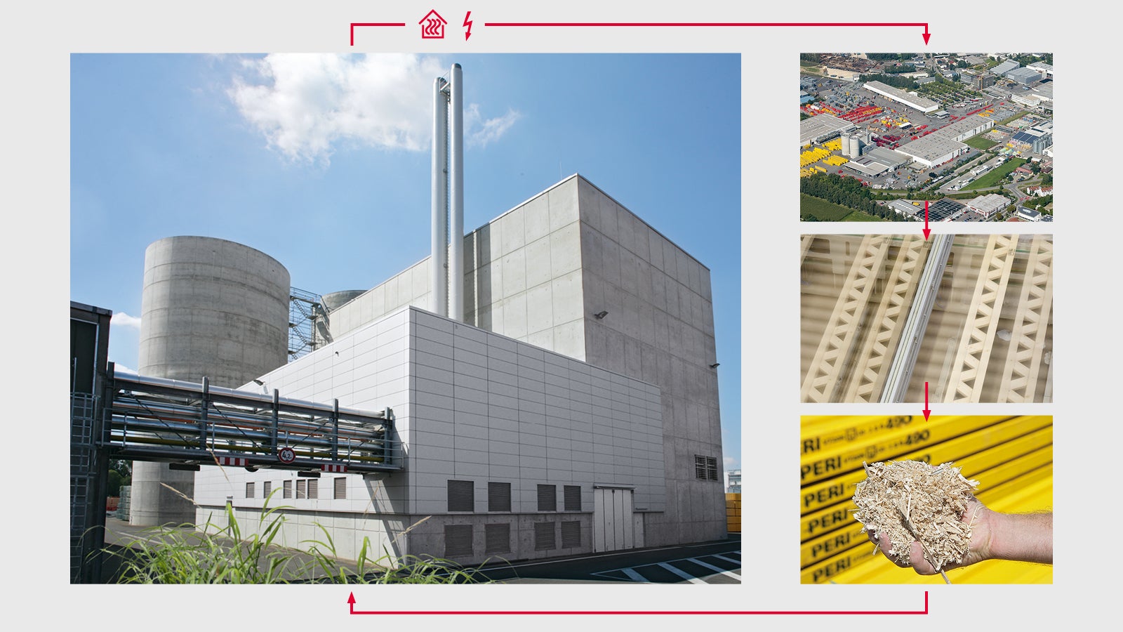 The biomass power station at the Weissenhorn production site is a symbol for sustainable action at PERI. From wood shavings, a waste product from the girder production, power and heat are generated in the power plant which contributes a significant part of the used energy mix at the production facilities.