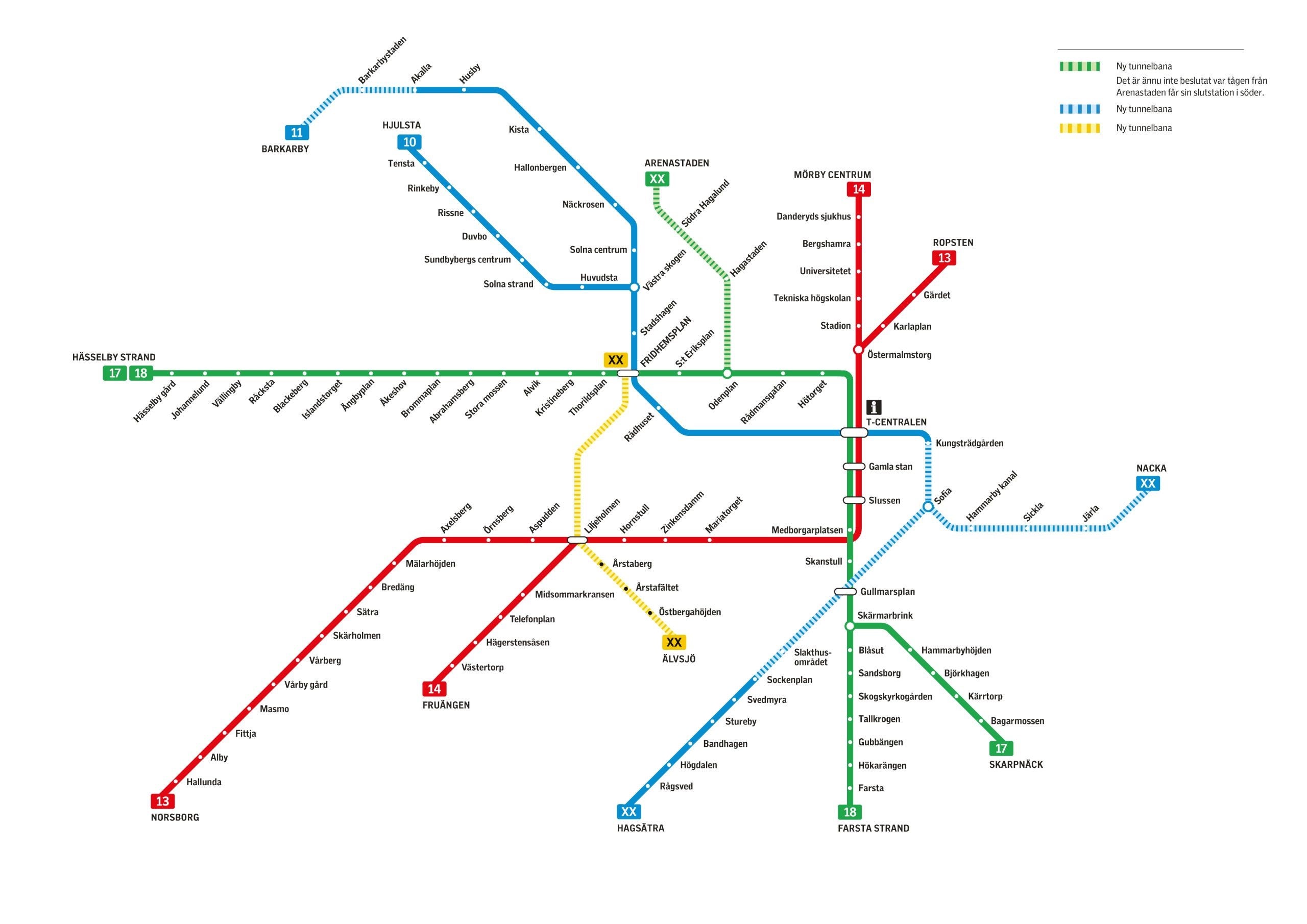 (uppdaterad 29 april 2024) med de tunnelbanelinjer som i dag är planerade att byggas ut. Illustration: Region Stockholm