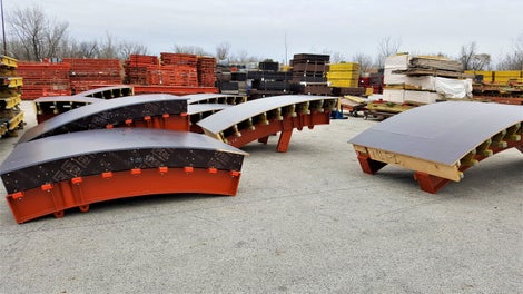 3D custom built formwork panels preassembled in the PERI yard and ready to be delivered