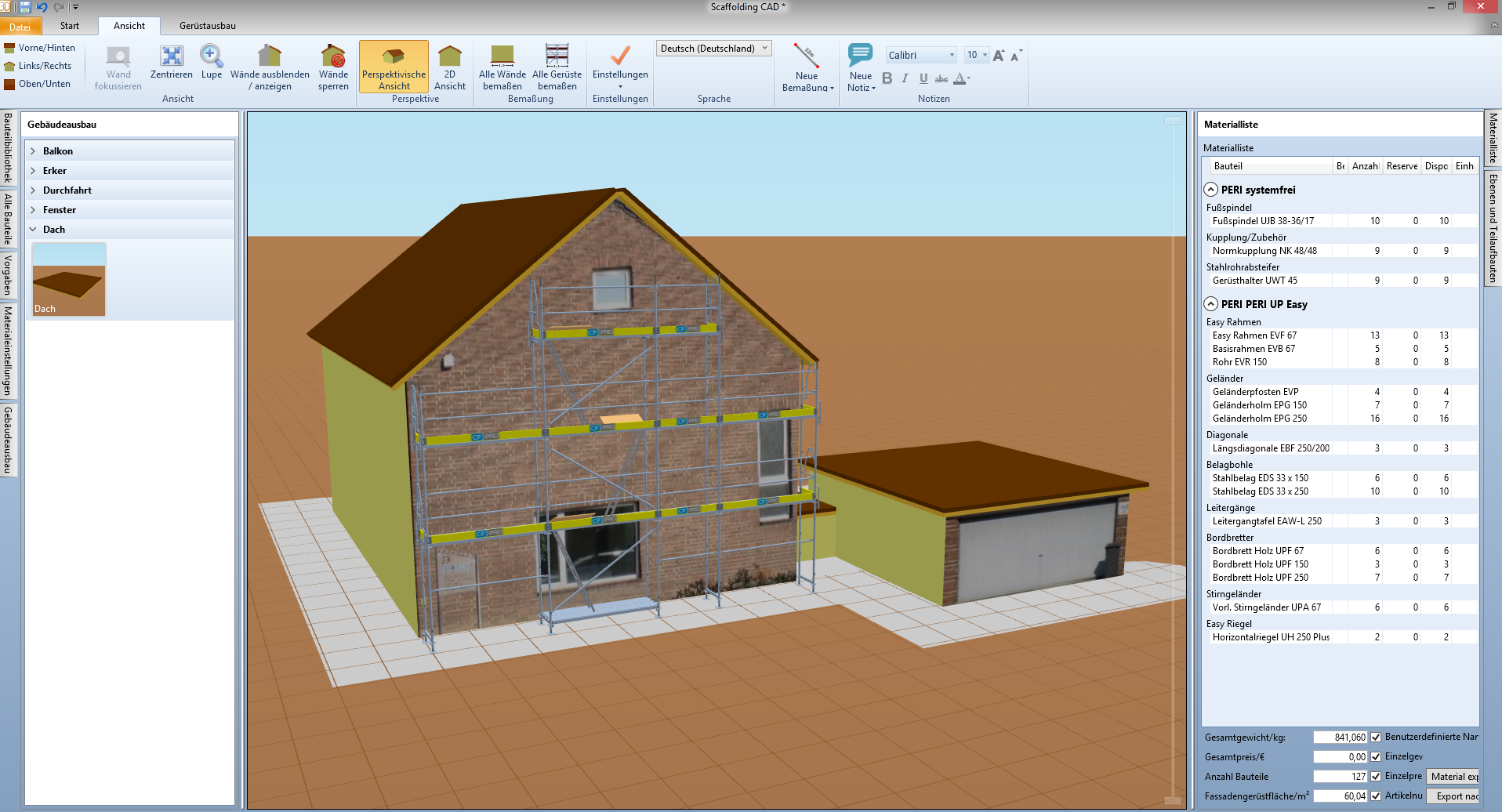 Scaffolding CAD berechnet neben der Aufbauweise auch die Materiallisten, anhand derer Gerüst bestellt oder vorbereitet werden kann.