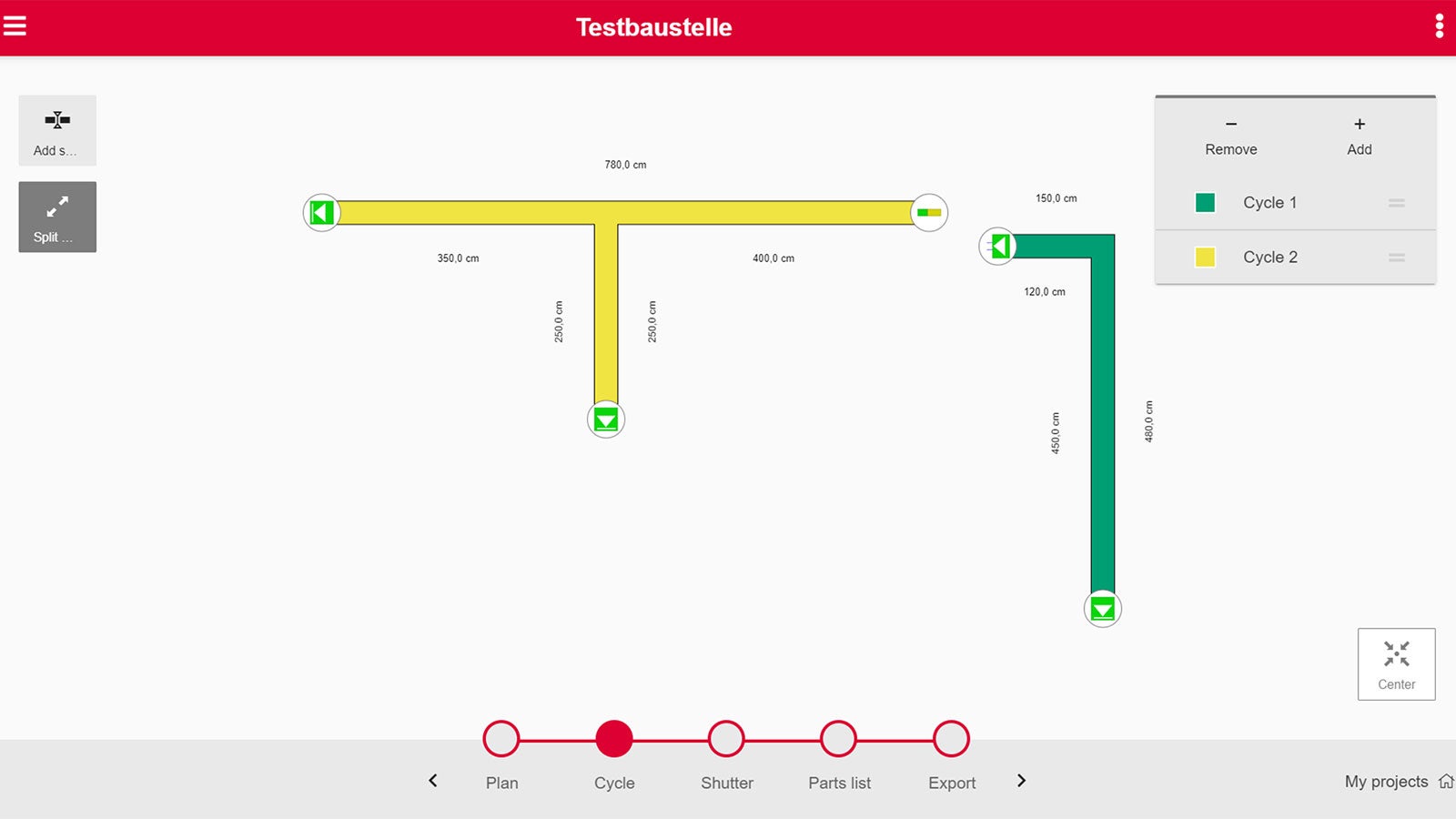 Layout in step Cyclce: Cycle joints already entered and the walls are split.