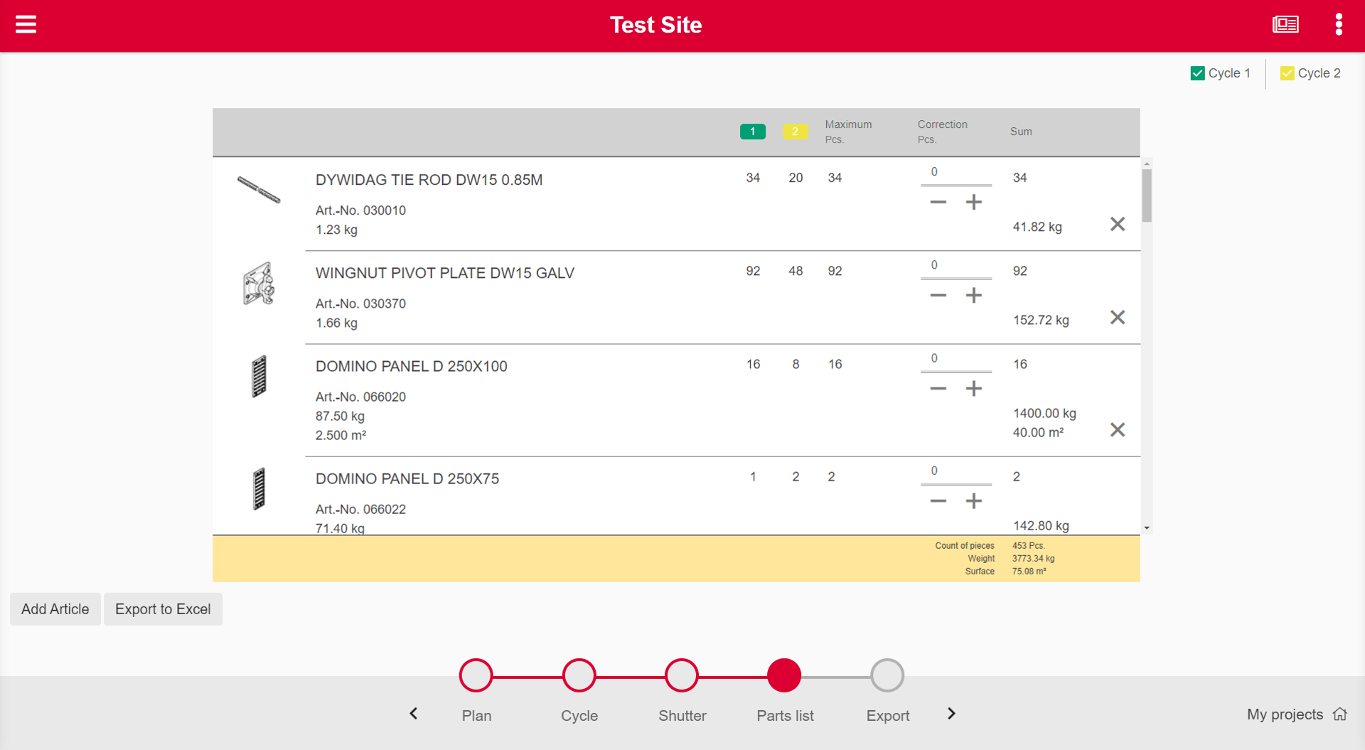 Parts list: The structured parts list for the shuttered DOMINO layout.