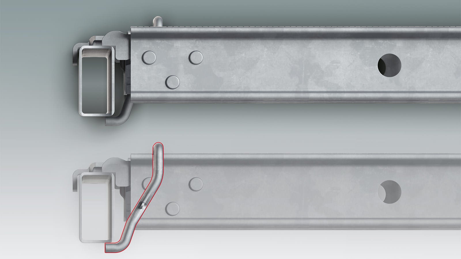 The integrated protection against lifting in the decking in detail: the integrated securing clamp wraps around the rectangular ledger and thereby secures the position of the decking. The PERI UP decks are thereby prevented from lifting after installation without requiring any additional components.