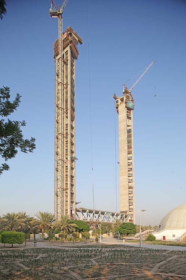 Both 155m long towers will be interconnected at the top by a 75m wide skybridge.