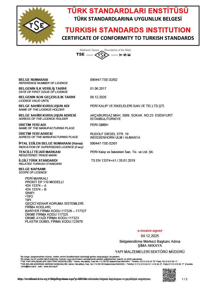 TS EN 13374+A1 Geçici Kenar Koruma Sistemleri Güvenlik Çitleri 