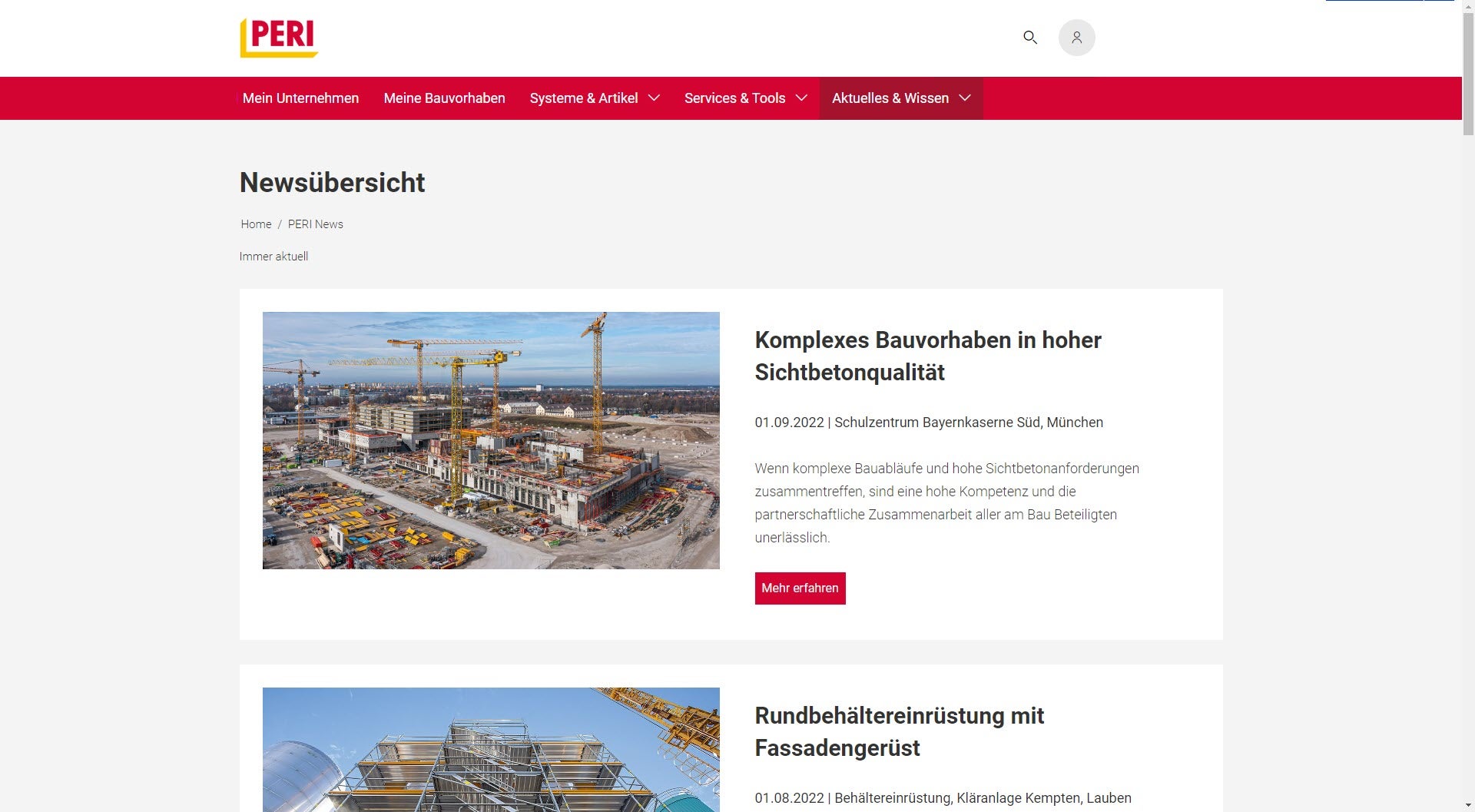 myPERI Übersicht aller News aus dem Hause PERI