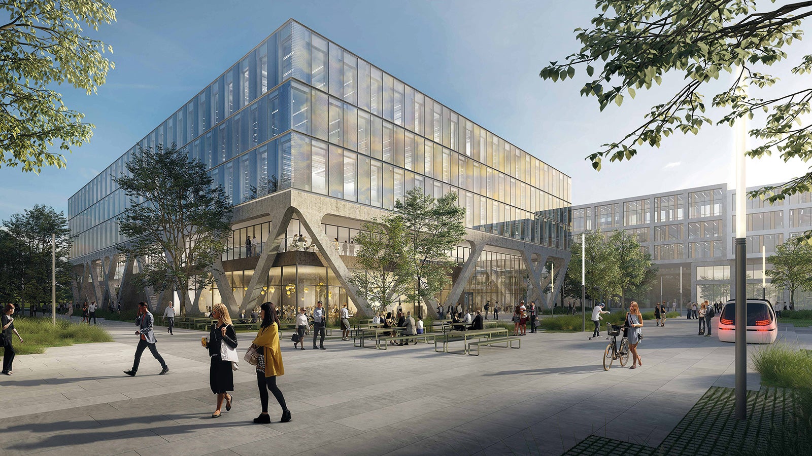 Das fünfstöckige Schulungsgebäude mit 76,40 m Länge, 49,40 m Breite und über 15.000 m² Bruttogeschossfläche wird ab Ende 2022 als Trainingszentrum der Flughafen München GmbH genutzt.<br/>(Grafik: Flughafen München / Auer Weber)