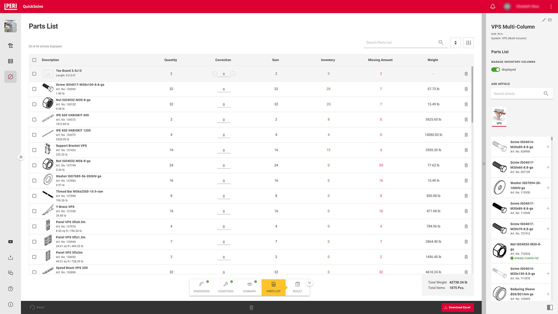 Multi Column Part List