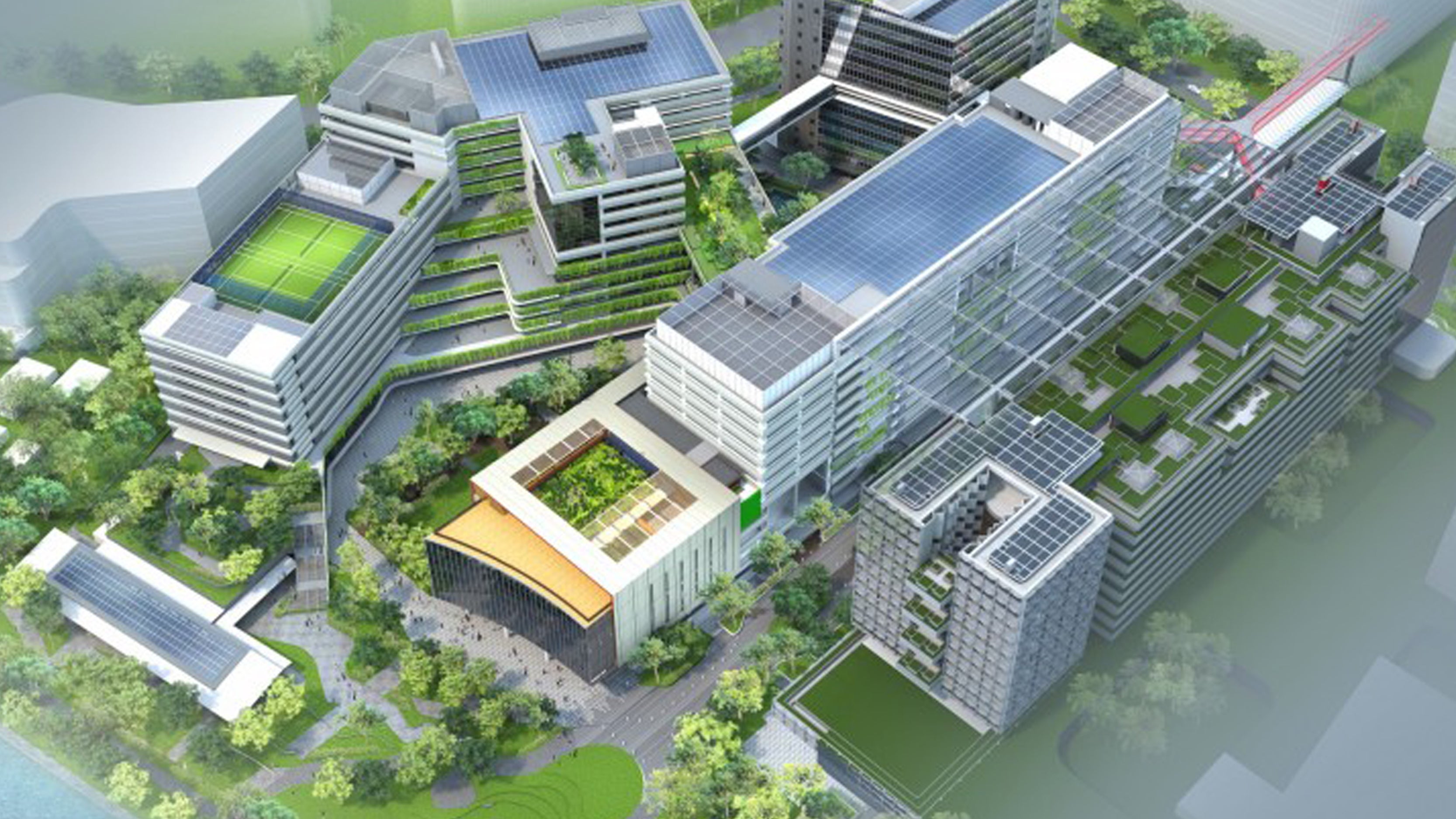 Campus Court, located in plot 2, houses the admin building, additional academic blocks, auditorium and indoor sports facilities blocks. Artist impresssion of SIT Punggol Campus (Image credit: SIT)