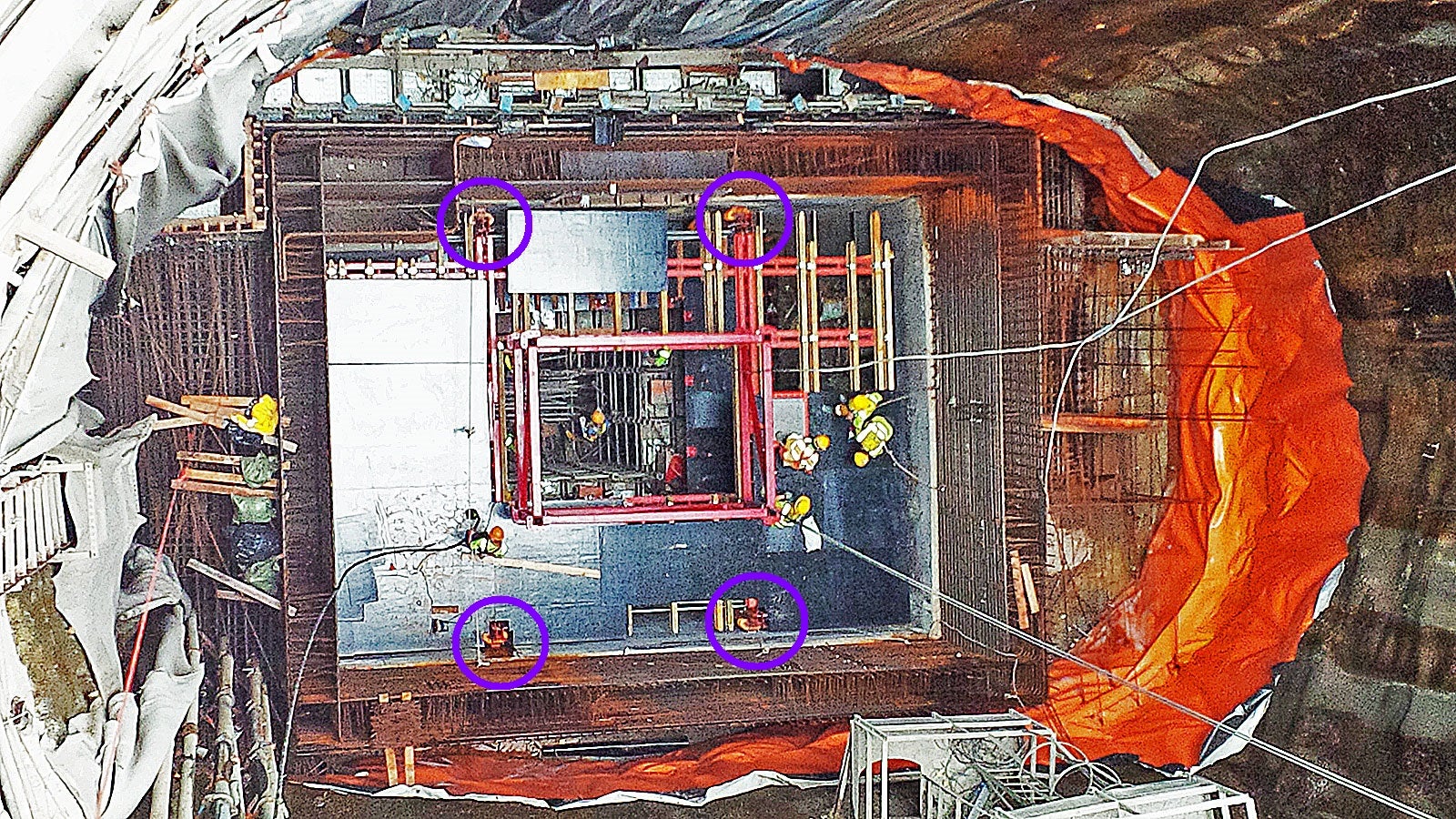Installation of special, single-lift platform and fitting of decking. Note 4 No. wall anchors in purple "circles"!