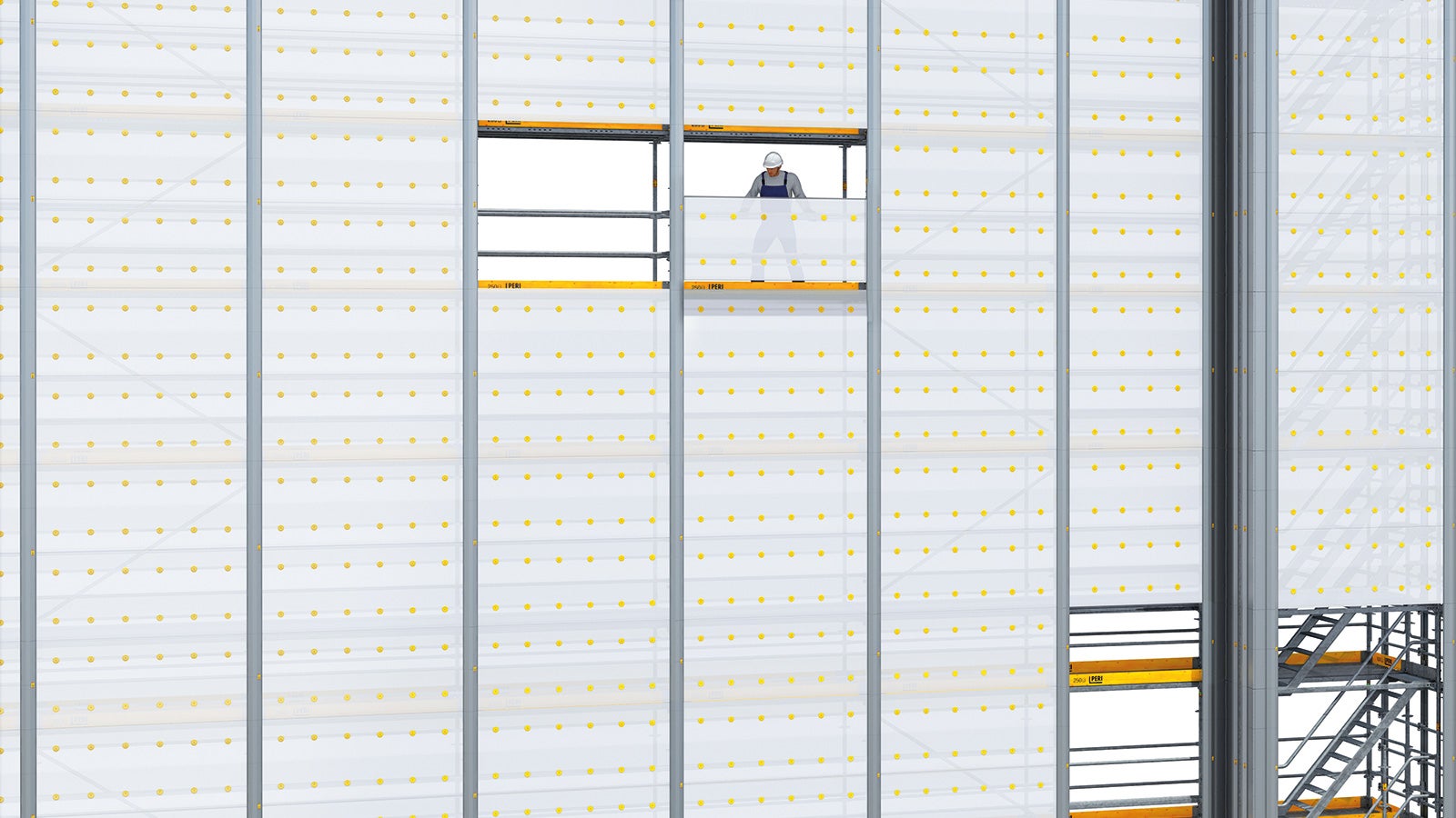 In addition to the low component weight and the small number of different components, the ability to remove individual panels as required is a major advantage of PERI UP Cladding. Assembly is carried out from a secured position and right there on the existing scaffold.