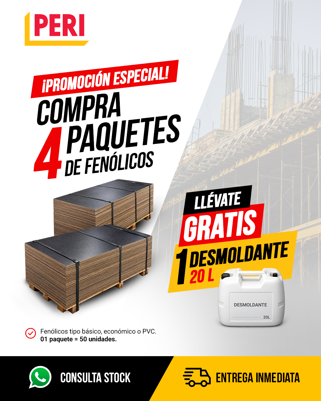 Promoción 4 paquetes de tableros gana un desmoldante de 20 litros