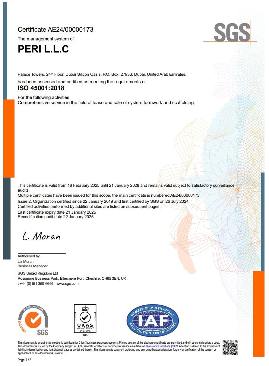 PERI LLC -ISO 45001-2018 Occupational Health and Safety