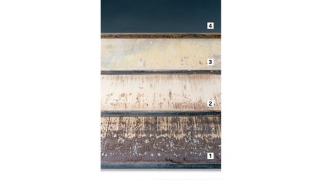 The various process steps during repair operations (from bottom to top):<br/>1. Coarsely-sanded surface<br/>2. Finely-sanded surface<br/>3. Result Renocare C<br/>4. Result Renocare Special with a new plastic laminate<br/>