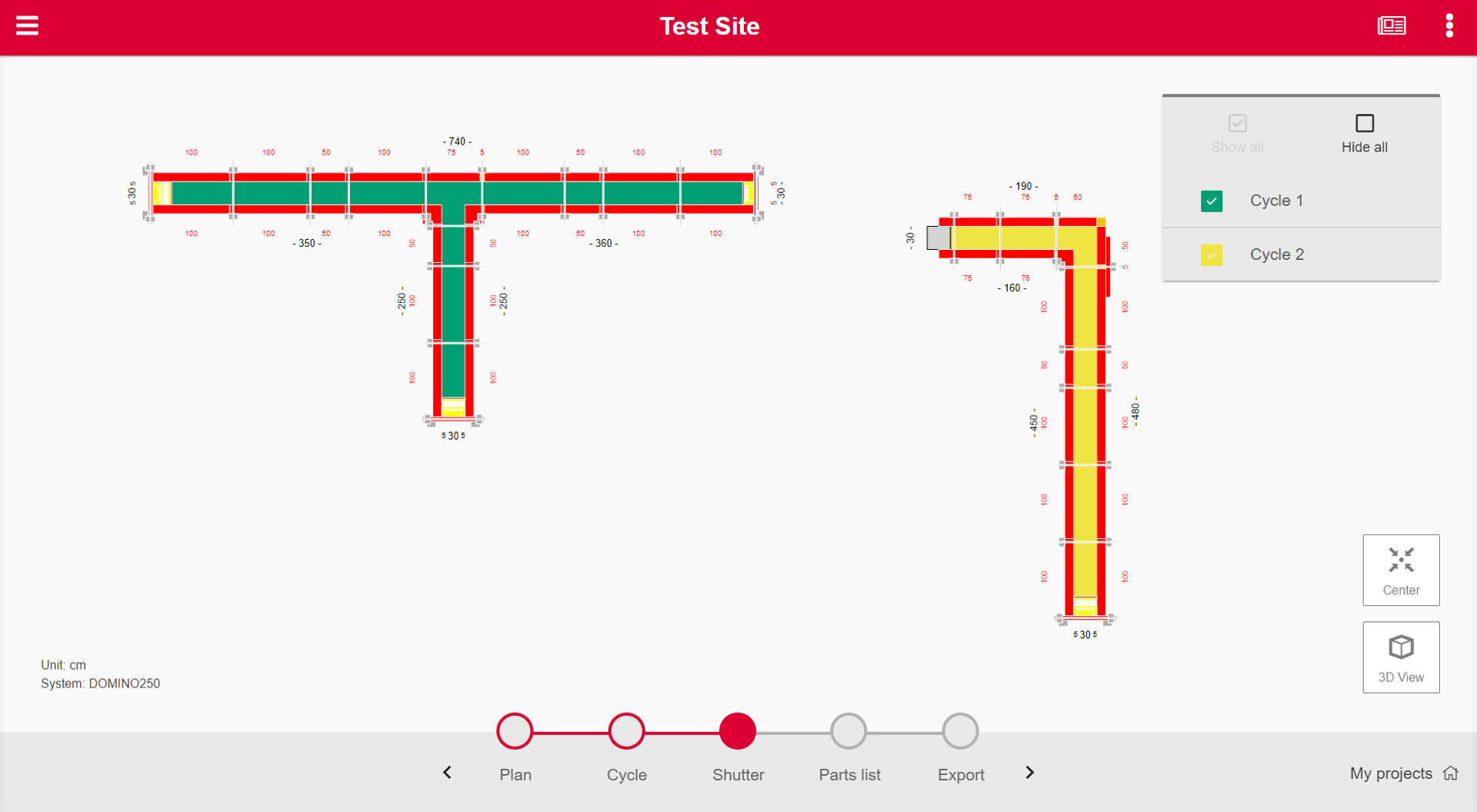 Layout in step shutter: Calculated shuttering in 2D-View.