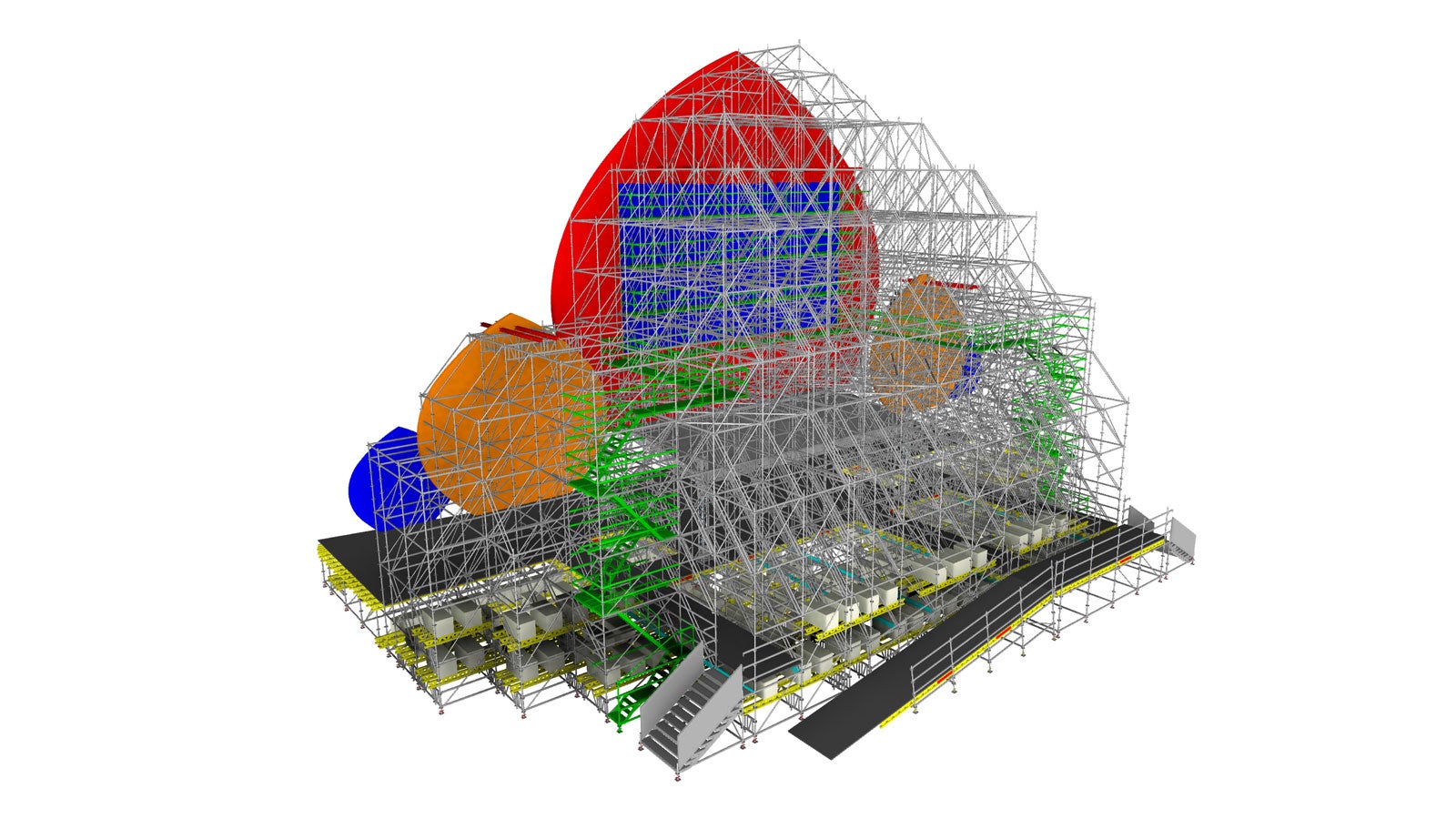 В проекте активно использовались технологии 3D моделирования. Практически все основные формы и узлы сцены были смоделированы в объёме. Так еще на этапе проектирования можно выявить конфликтные зоны, в которых встречаются различные системы, на которые стоит обратить особое внимание. Эти модели передавались всем участникам проекта: главному заказчику, декораторам, экранщикам. 