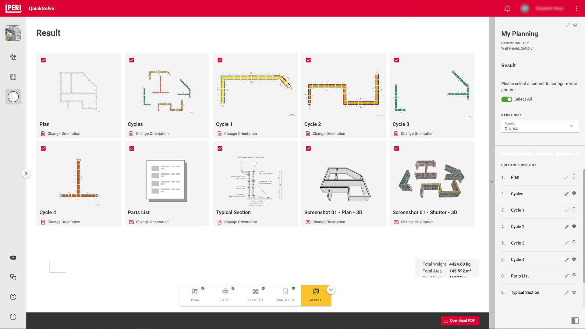 Nach der Eingabe weniger Informationen, wie Grundriss, Wandstärke und Taktlängen, erstellt das Tool automatisch Ihre Wandschalungsplanung in 3D. Sie können dabei bestimmen, ob Ihr eigener Materialbestand bei der Planung berücksichtigt werden soll. Stücklisten, Pläne und Screenshots der Lösung lassen sich einfach als PDF-Datei exportieren.