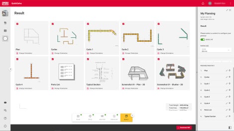 Nach der Eingabe weniger Informationen, wie Grundriss, Wandstärke und Taktlängen, erstellt das Tool automatisch Ihre Wandschalungsplanung in 3D. Sie können dabei bestimmen, ob Ihr eigener Materialbestand bei der Planung berücksichtigt werden soll. Stücklisten, Pläne und Screenshots der Lösung lassen sich einfach als PDF-Datei exportieren.