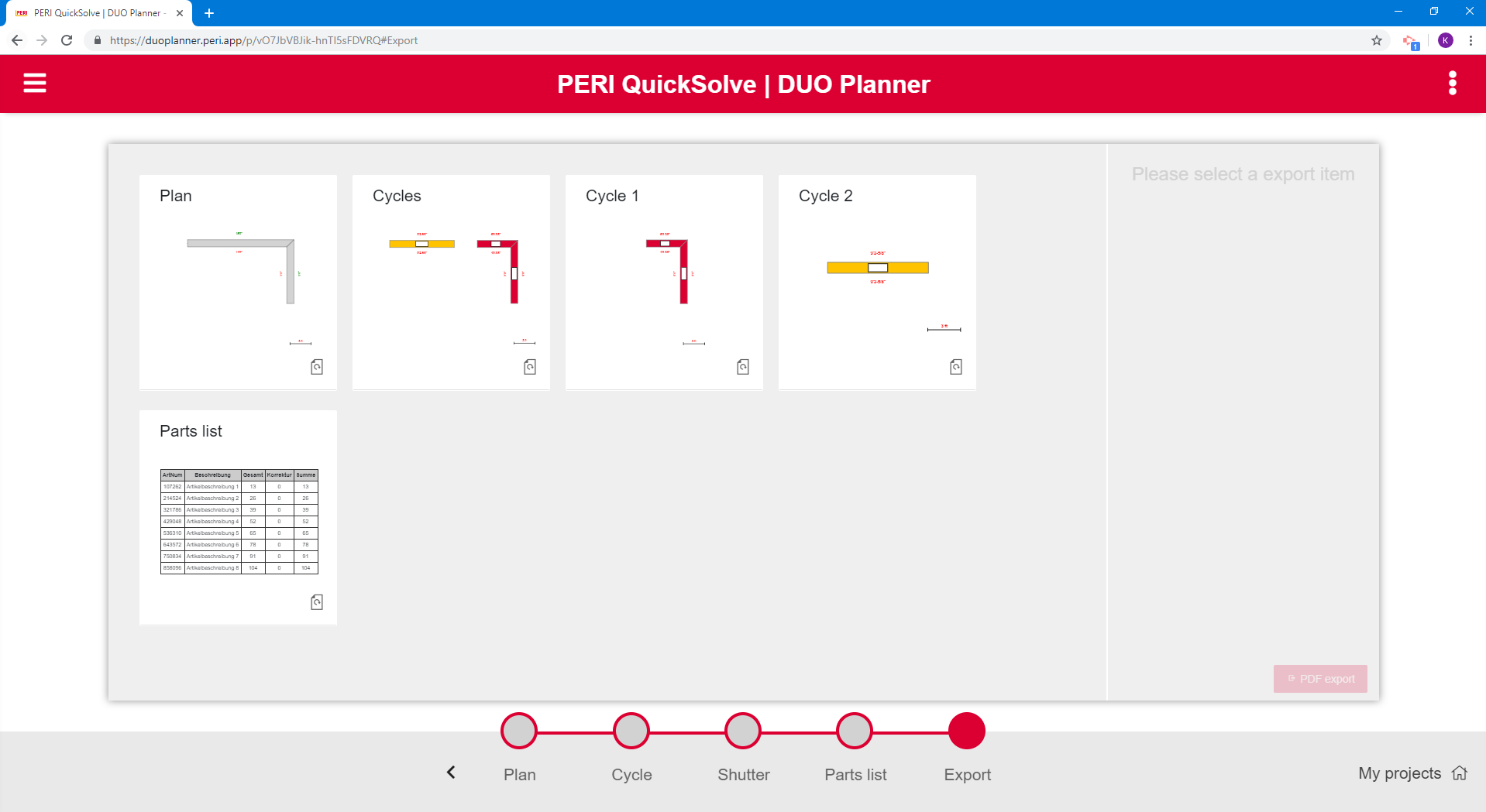 Review of plans, cycles and material lists