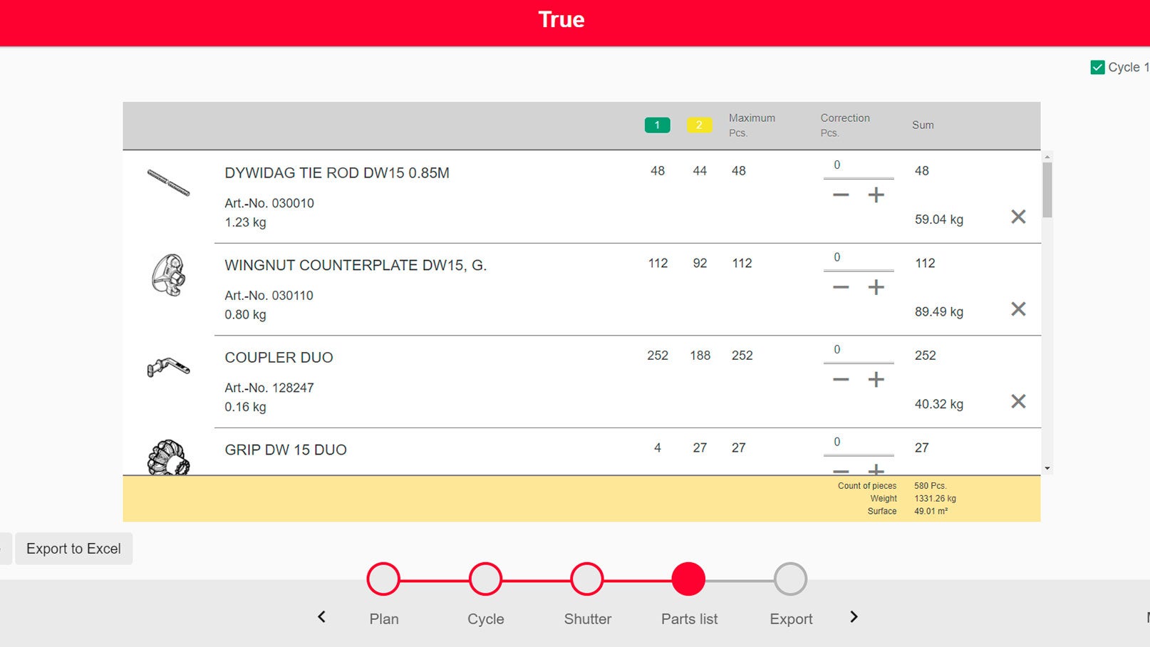 На основе решения по опалубке формируется спецификация и универсальный комплект на все захватки.