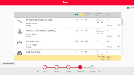 На основе решения по опалубке формируется спецификация и универсальный комплект на все захватки.