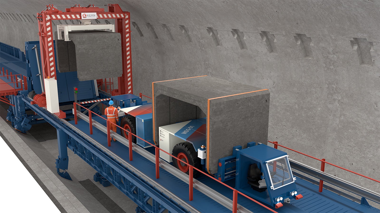 Outstanding engineering and supply project for Gubrist Tunnel renovation with logistic bridge and transport system: Invert casting, culvert placement crane with manipulator, transport by MSG-01