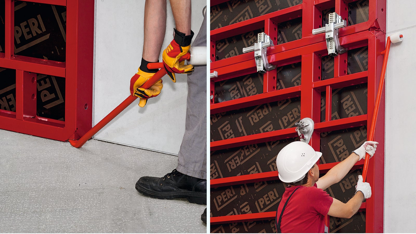 Mit dem Ausschalhebel lässt sich die Wandschalung einfach durch eine Rolle von der betonierten Wand entfernen.