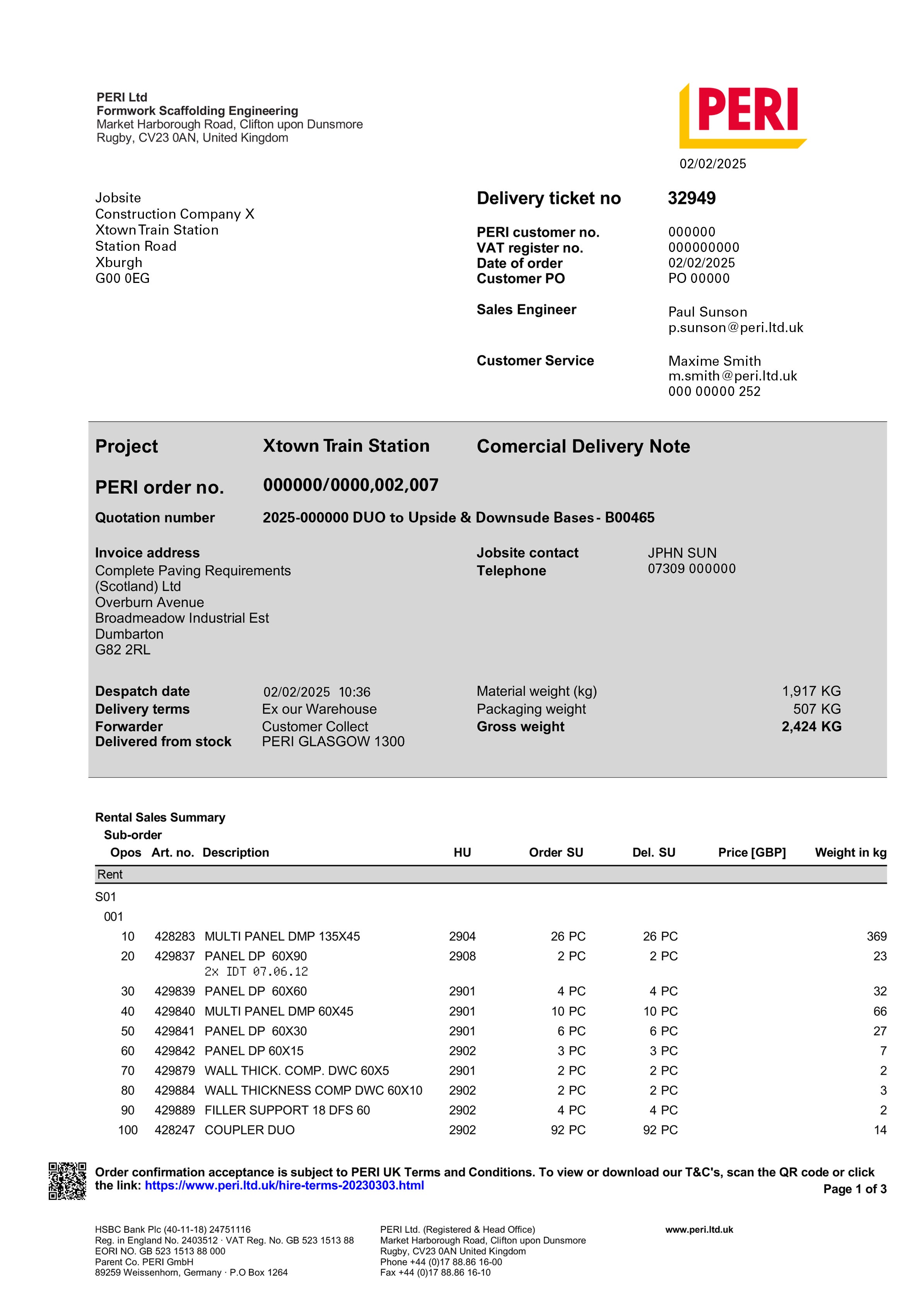 Beispiel eines kommerziellen Sammellieferscheins von Mobile Logistics. Der kommerzielle Lieferschein hat die selbe Struktur wie später die Rechnung, was die Abrechnung erleichtert.