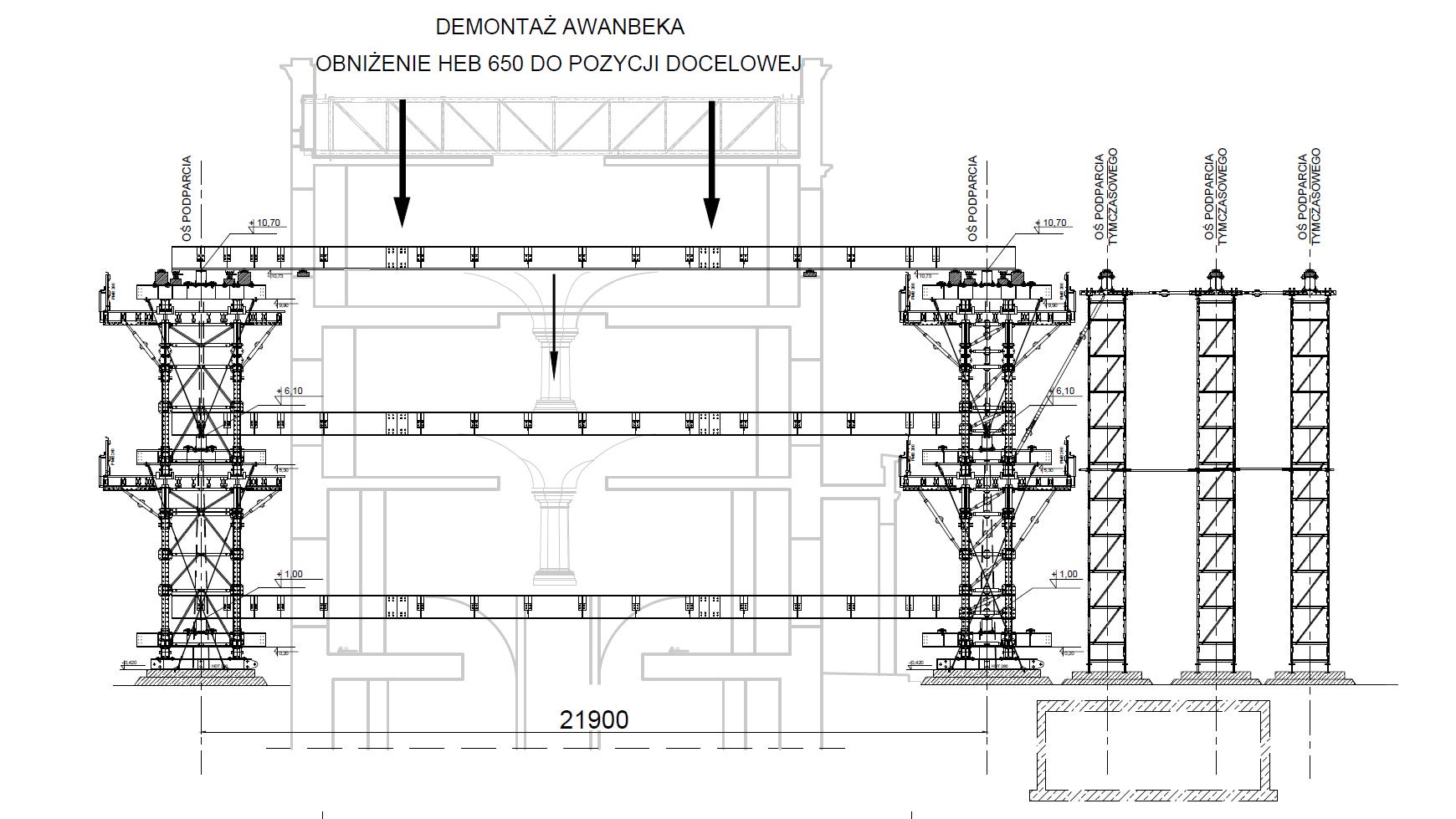 Schemat rozwiązania podparcia zabezpieczającego opartego na wieżach wysokonośnych PERI VST