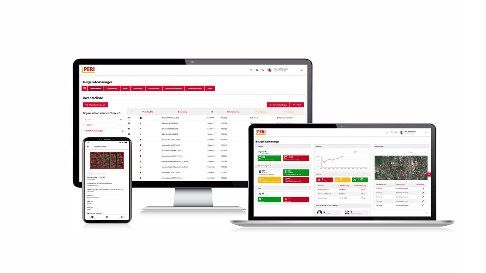 Digitale Verwaltung und Nachverfolgung von Baugeräten mit Standortübersicht, Planung und Wartungsmanagement.