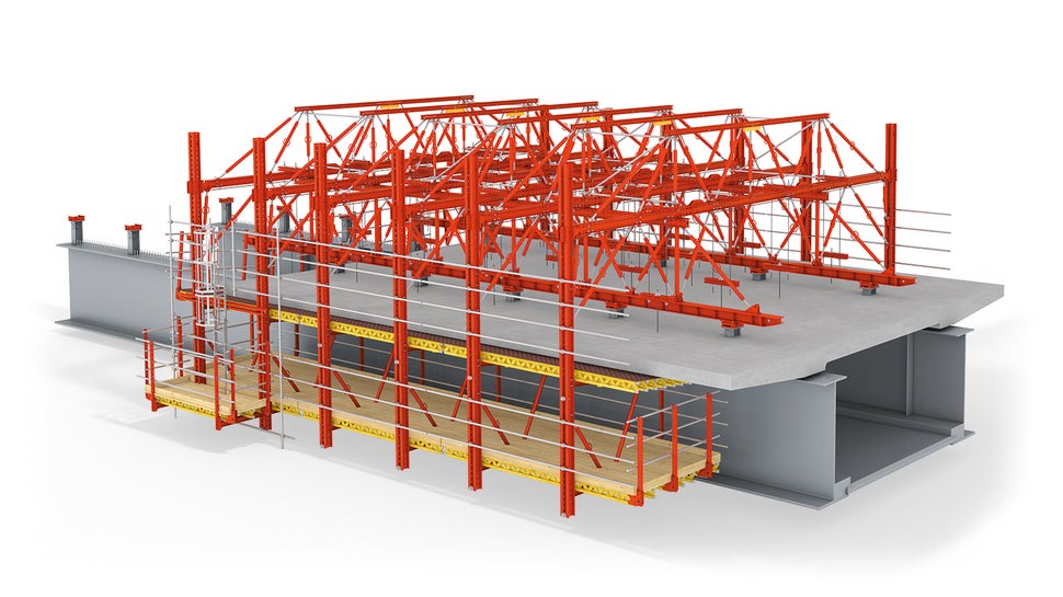 Bednicí vůz nasazený na ocelové spodní konstrukci pro výstavbu betonové části mostovky.