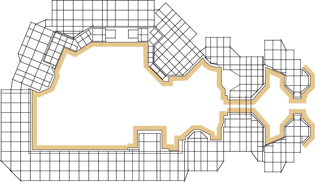 Půsorysné schéma lešení: modul rozměrů dílců lešení po 50 cm zaručuje, že i velmi členitý prostor je možné vyplnit systémovou lešenářskou konstrukcí.