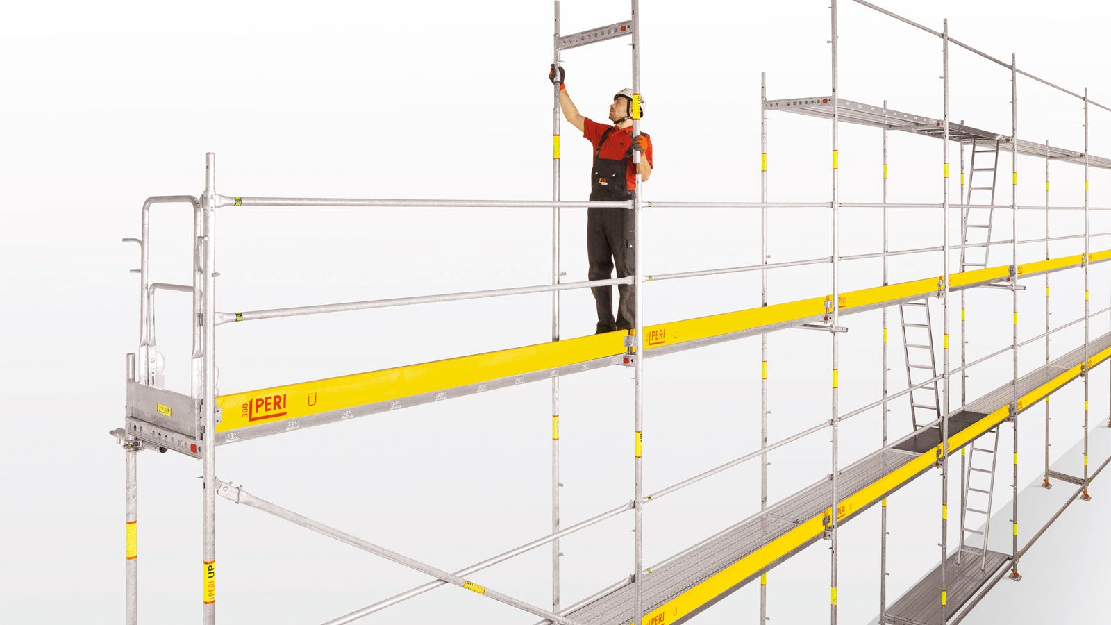 The scaffolder can work fast at safe conditions due to the system-integrated fall protection. The guardrail in advance for the next level is assembled together with the T-frame from the lower, already secured scaffolding level. No extra tools are required.<br/>