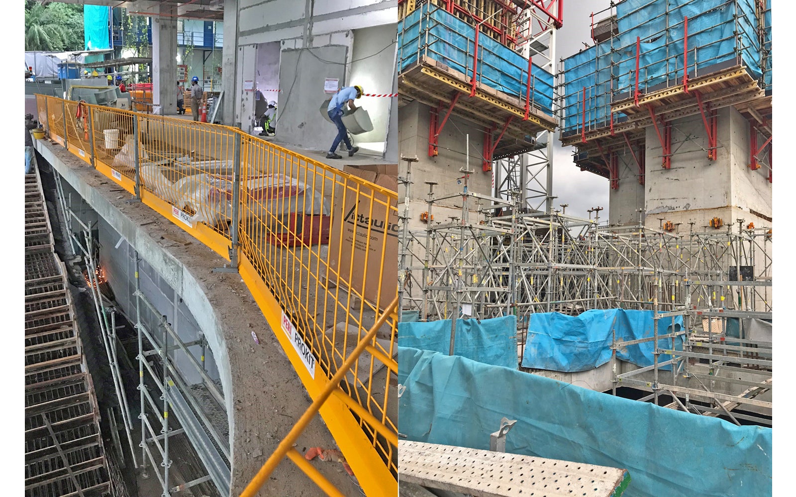 PROKIT EP 110 secures open building edges, providing increased safe level of working areas and access ways of jobsite personnel. PERI UP Flex is highly flexible, adaptable and movable even in large units. It provides high level of safety with its self-securing deck and complete flat covering of working areas.