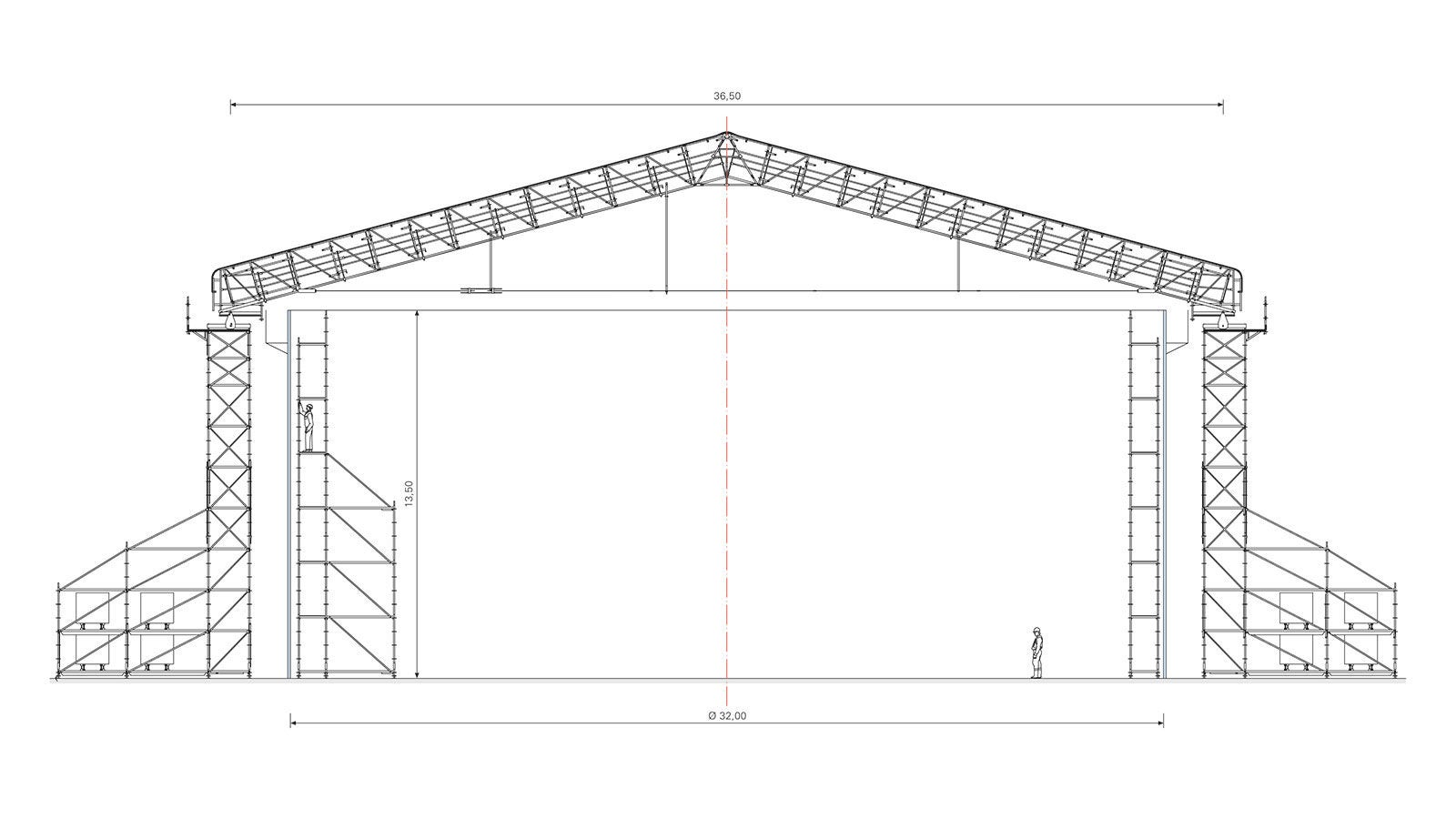 The PERI scaffolding solution – weather protection roof, support and interior scaffolding – was executed freestanding without any anchoring.