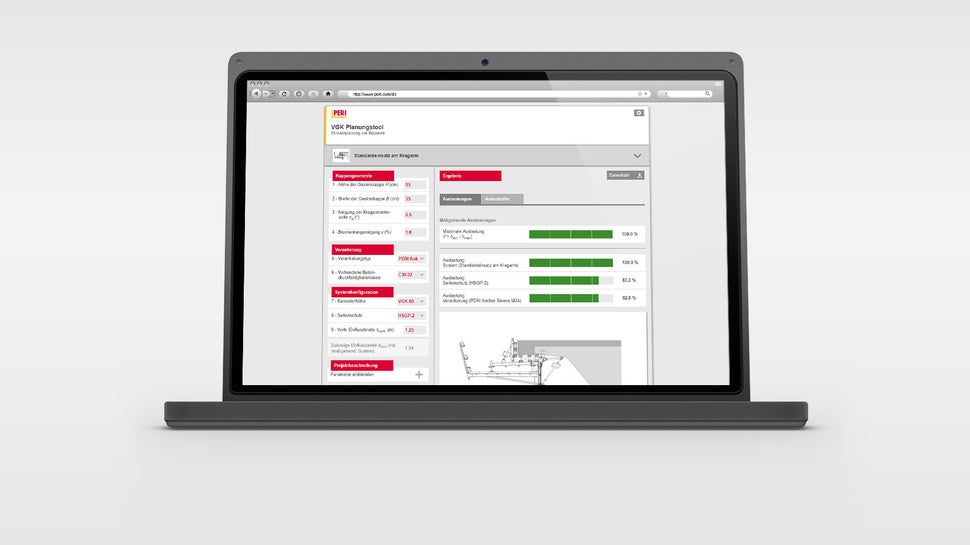 L'outil de planification VGK permet aux utilisateurs de déterminer facilement, rapidement et précisément la marge d'influence admissible des consoles pour corniches VGK pour différentes conditions de bord