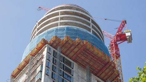 Peri System Fall Protection Scaffolding the cantilevered circular building with PERI UP Flex for ...