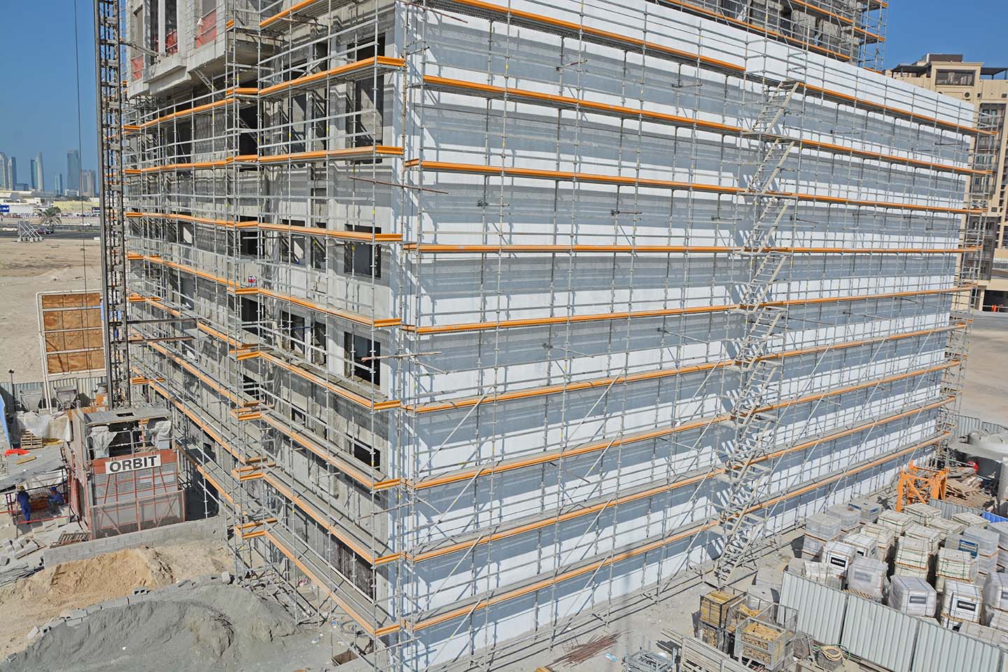 A safe access to higher levels through PERI UP Façade Scaffold
