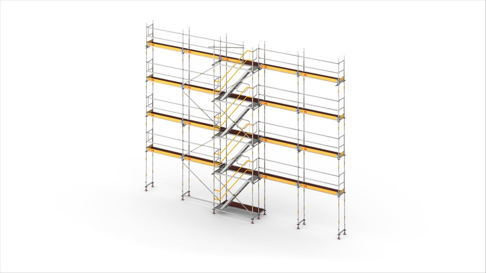 Die PERI UP Treppe in 67 cm Breite kann übergangslos über den integrierten Gerüstknoten des Easy Stiel oder Easy Rahmen an das PERI UP Fassadengerüst montiert werden.<br/>