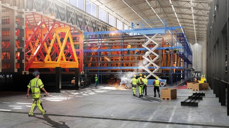 Visualisierung der Halle für das Gießen der Betonelemente in der Tunnelelementfabrik. (Illustration: Femern A/S)