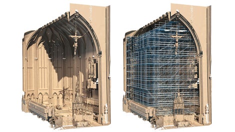 Der Innenraum wurde mangels Bestandsplänen mithilfe von 3D-Laser-Scanning erfasst und in ein 3D-Bauwerksmodell überführt – als Grundlage für die Gerüstplanung mit PERI CAD.