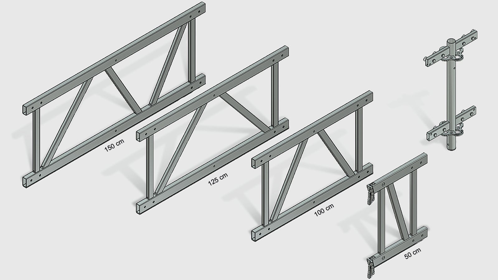 Das System umfasst 3 Zwischenelemente und ein Verbindungselement sowie ein 50 cm langes Endelement, das an den Rosetten angeschlossen wird. 