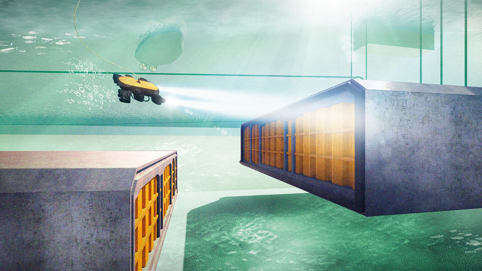 Visualisation of the immersion and connection of tunnel elements.<br/>(Illustration: Femern A/S)<br/>