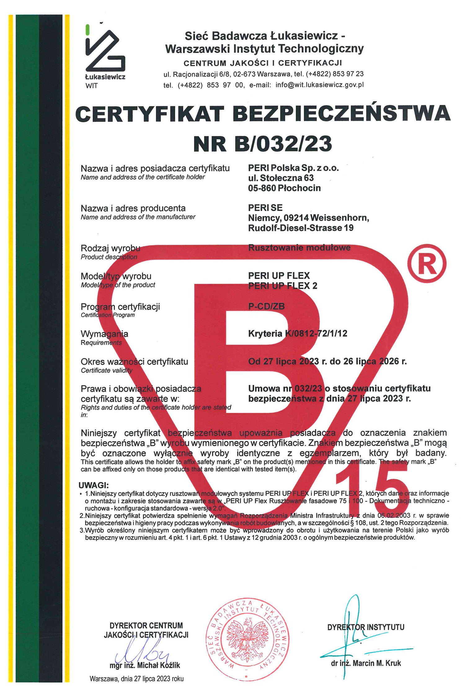 Certyfikat bezpieczeństwa „B” dla rusztowania modułowego PERI UP Flex