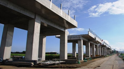 北海道新幹線工事、大野新道橋りょう工事<br/>【ドイツ最新鋭型くさび式保工 PERI－UP ロゼット・STR 100】<br/> 