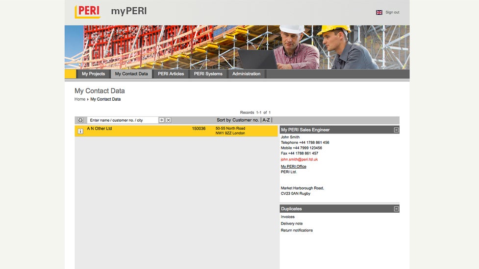 Capture d’écran de la fonction d’aperçu des projets de myPERI<br/>Tableau synoptique du programme myPERI, reprenant les coordonnées de contact chez PERI<br/><br/><br/>