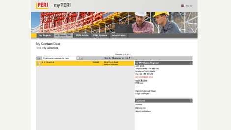 Capture d’écran de la fonction d’aperçu des projets de myPERI<br/>Tableau synoptique du programme myPERI, reprenant les coordonnées de contact chez PERI<br/><br/><br/>