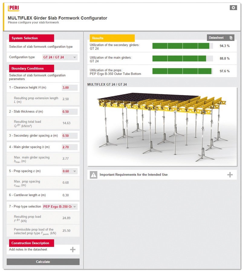 With the MULTIFLEX configurator, beam and prop spacings of the MULTIFLEX Girder Slab Formwork can be easily optimized.